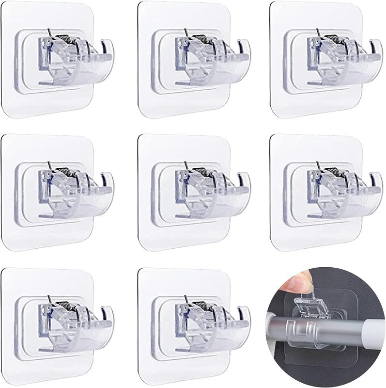 8PCS No Drill Curtain Rod Brackets No Drilling Self Adhesive Curtain Rod Holder Hooks Nail Free Adjustable Curtain Rod Hooks Curtain Hangers for Bathroom Kitchen Home Bathroom and Hotel (Transparent)