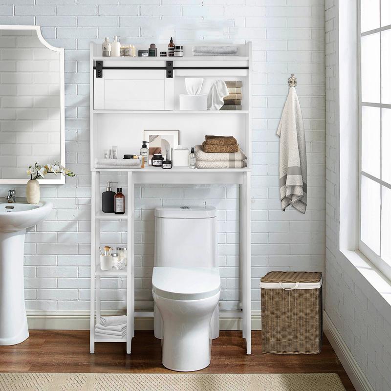 SULIVES Over The Toilet Storage with Cabinet, Sliding Barn Door, Side Storage Open Rack, Mass-Storage Over Toilet with Hooks Bathroom Organizer for Bathroom, Restroom, Laundry, White toto  toilet dewalt  toilet toto  toilet seat portable toilet