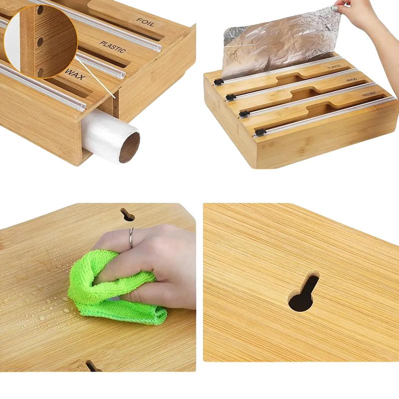 Bamboo Wood Dispenser Aluminum Foil Roll Cutter Plastic Wrap Organizer Plastic Packaging Dispenser with Sliding Cutter Tin Foil Cutting Box Storage Box Three Layers Two Layers Home Kitchen Drawer Organizer Garbage Bag Box