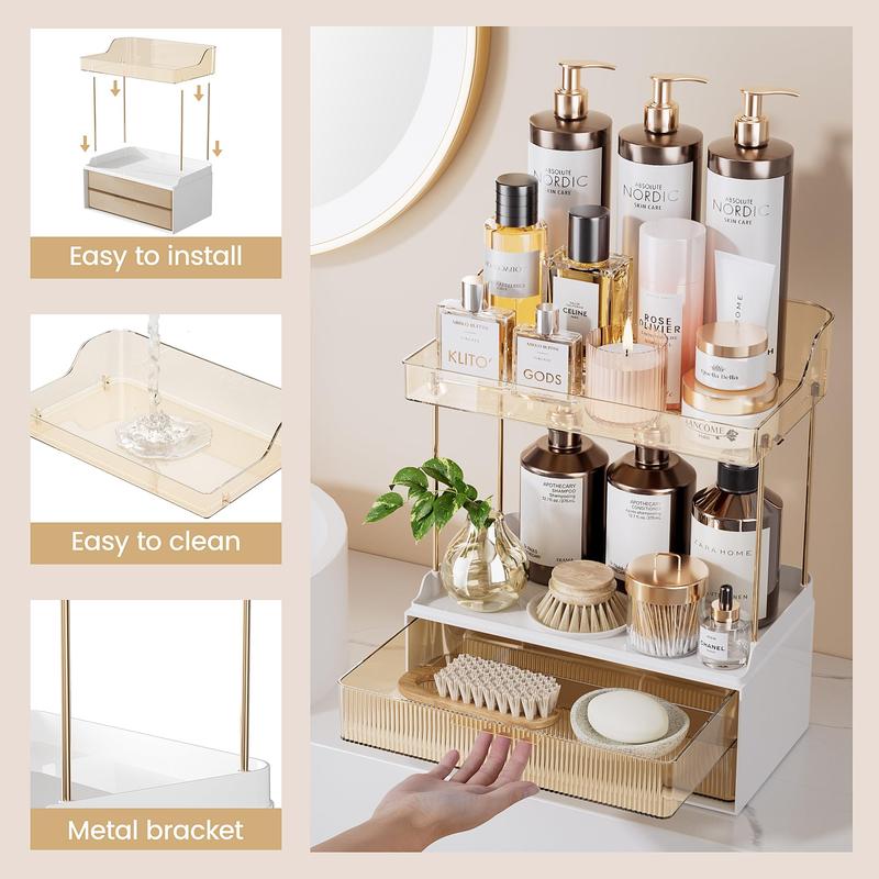 Delamu 2-Tier 2-Drawer Bathroom Counter Organizer, Multi-Purpose Makeup Organizer Countertop, Large Skincare Organizers, Exquisite Vanity Organizer, Amber