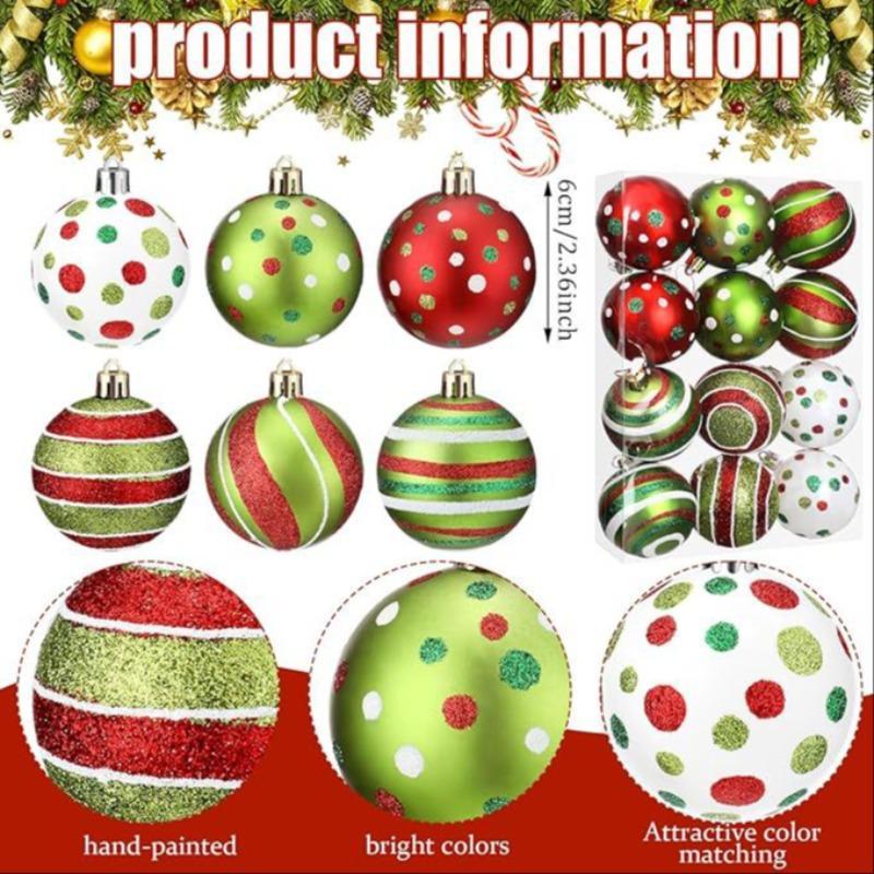 Christmas Ball Ornament Set, 12pcs set  Classics Stripe & Pot Pattern Ball Pendant with Storage Box, Christmas Tree Decorations for Holiday Festivities