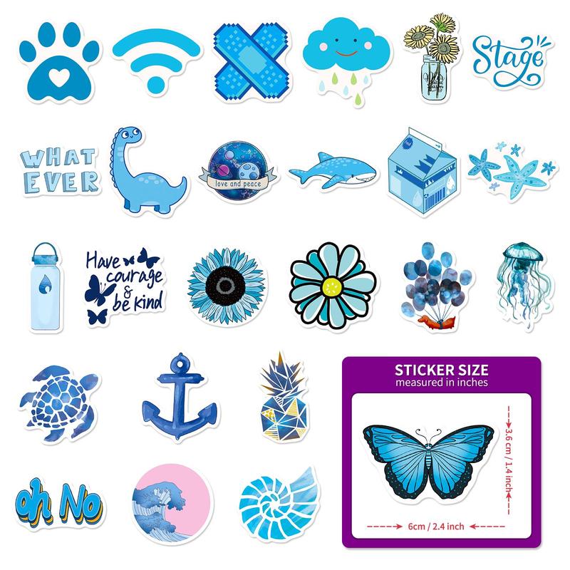 Blue Decorative Sticker Pack, 50pcs set Cute Blue Stickers Vinyl Stickers, Decor Stickers, Creative DIY Toys for Boys Girls, Aesthetic Stickers for Water Bottles, Laptop, Cellphone