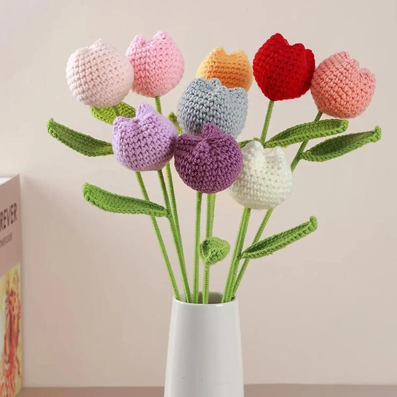 Christmas room decoration flower crochet tulip, without vase, 9 pieces set, handmade tulips, home decoration, holiday bouquet, gift bouquet