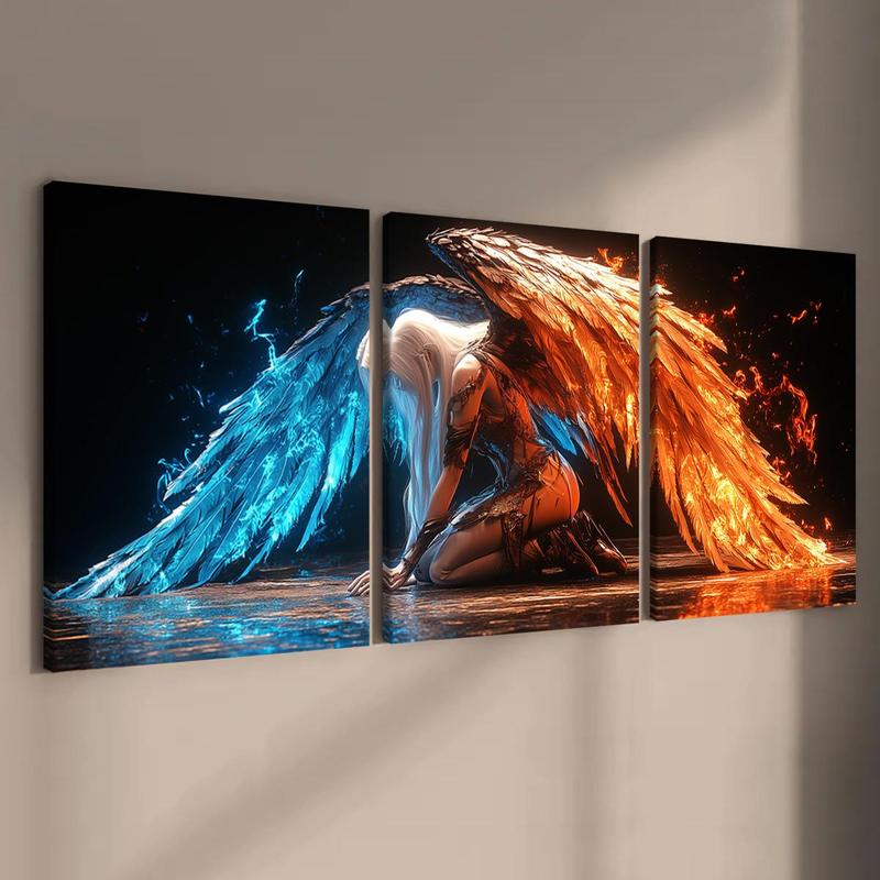 Colorful Wings Angel Pattern Wall Art, 3 Counts set Wooden Framed Canvas Painting, Waterproof Wall Decoration for Home Living Room Bedroom Office