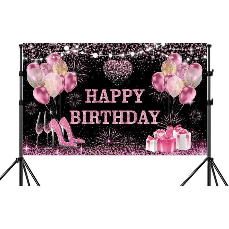 180x120 cm Pink Gold Happy Birthday Backdrops Cloth 71x47 in. Birthday Photography Backgrounds Glitter Black Rose Gold Birthday Banners Rose Gold Happy Birthday Sign Decoration for Women Girl