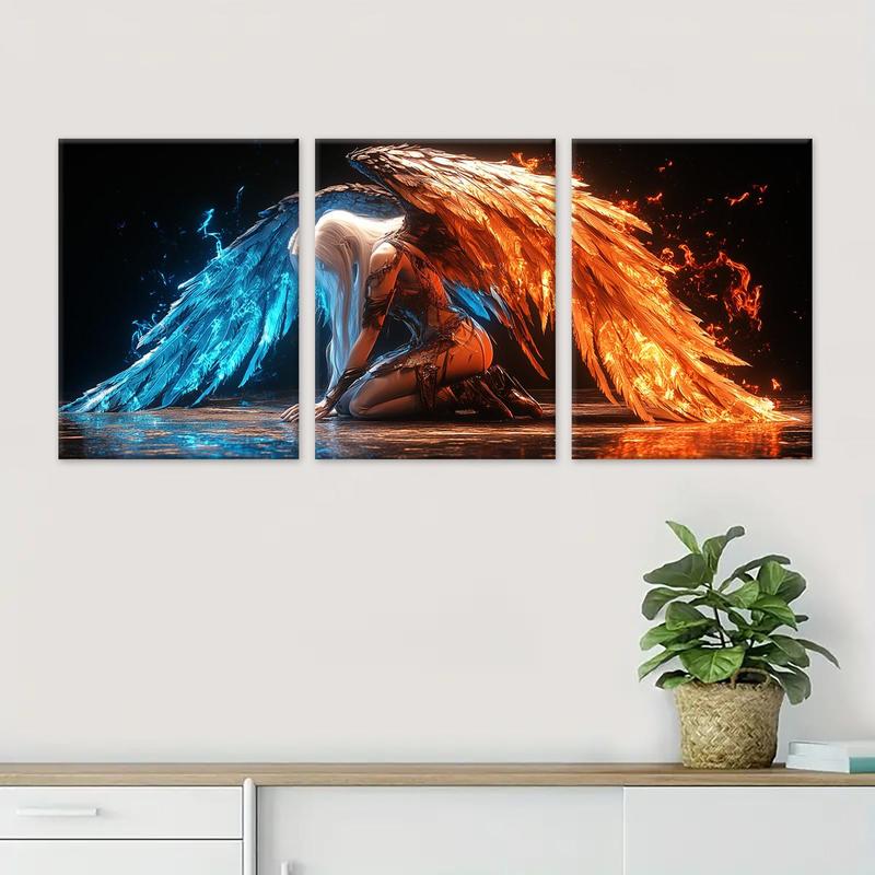 Colorful Wings Angel Pattern Wall Art, 3 Counts set Wooden Framed Canvas Painting, Waterproof Wall Decoration for Home Living Room Bedroom Office