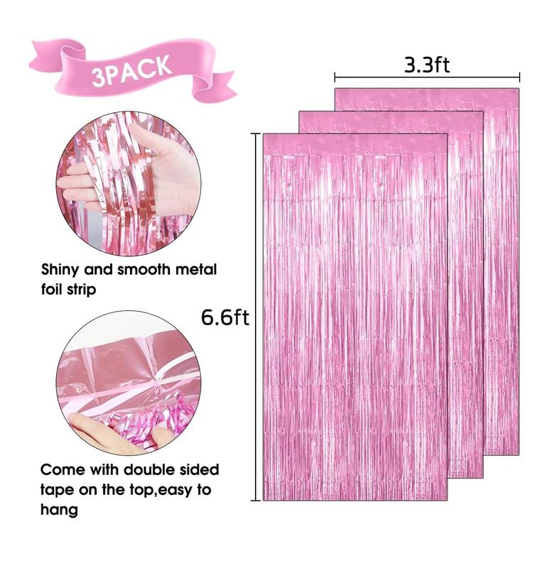 Fringe Backdrop, Pink Backdrop, Foil Fringe Curtains, 3 Counts 3.3x6.6ft Tinsel Curtain Backdrop Streamers for Valentine's Day Birthday Wedding Bachelorette Party Supplies Graduation Decorations