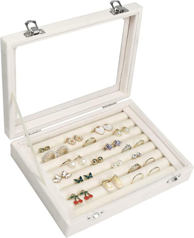 Rings Organizer Tray 7 Slots Velvet Jewelry Earring Storage Box with Transparent Lid Jewelry Display Case for Girls Wife Mom Women stable jewellery