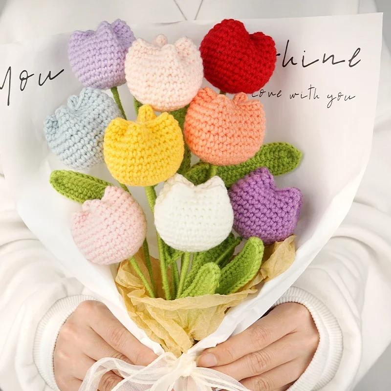 Christmas room decoration flower crochet tulip, without vase, 9 pieces set, handmade tulips, home decoration, holiday bouquet, gift bouquet