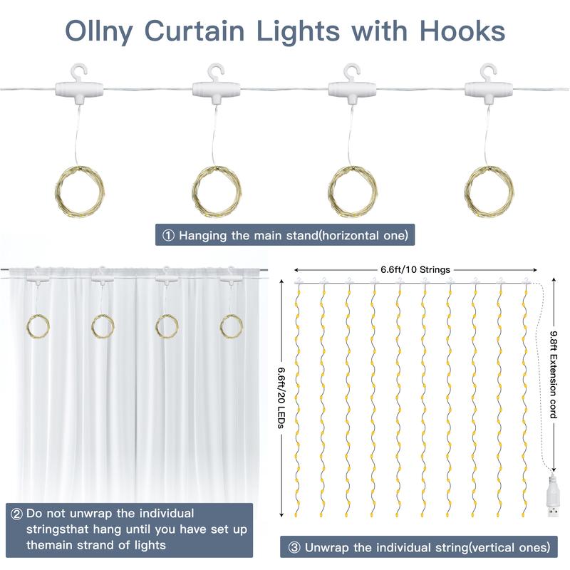 Ollny LED Curtain String Light, 1 Count Fairy Curtain Light with Hook for Window Bedroom Indoor Party Wall Decor Christmas Gift Halloween Decorations