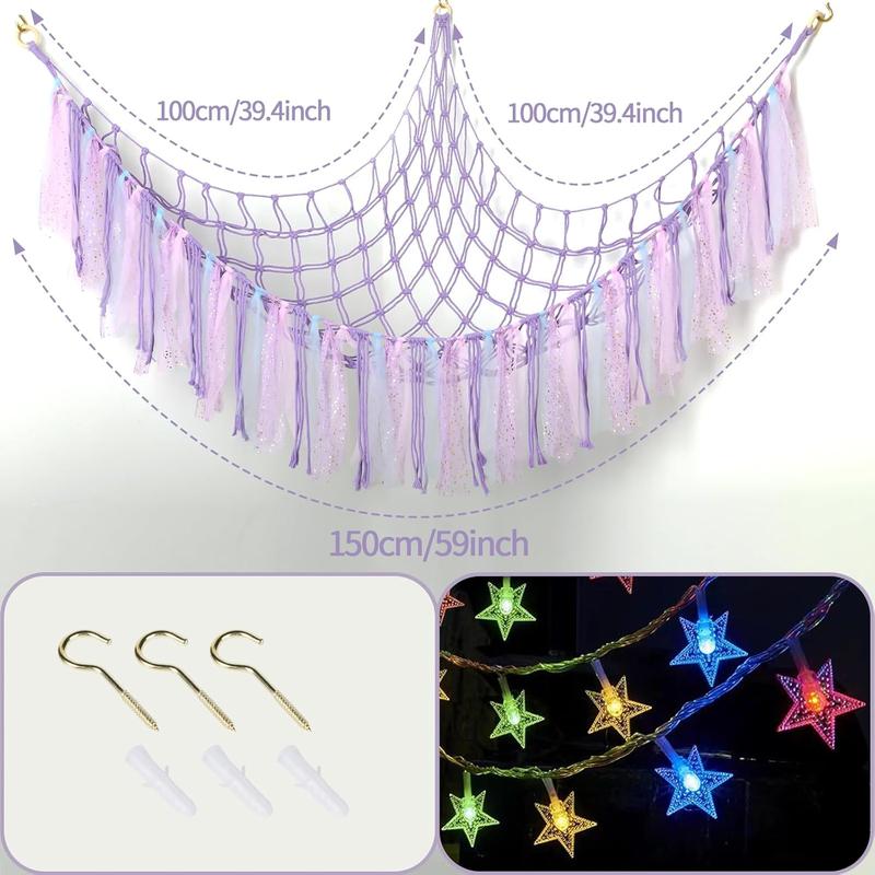 Stuffed  Net or Hammock with LED Light, 59 inch  Hammock Net for Stuffed  Corner Hanging Stuffed  Storage Stuffed  Holder for   Bedroom (Purple)