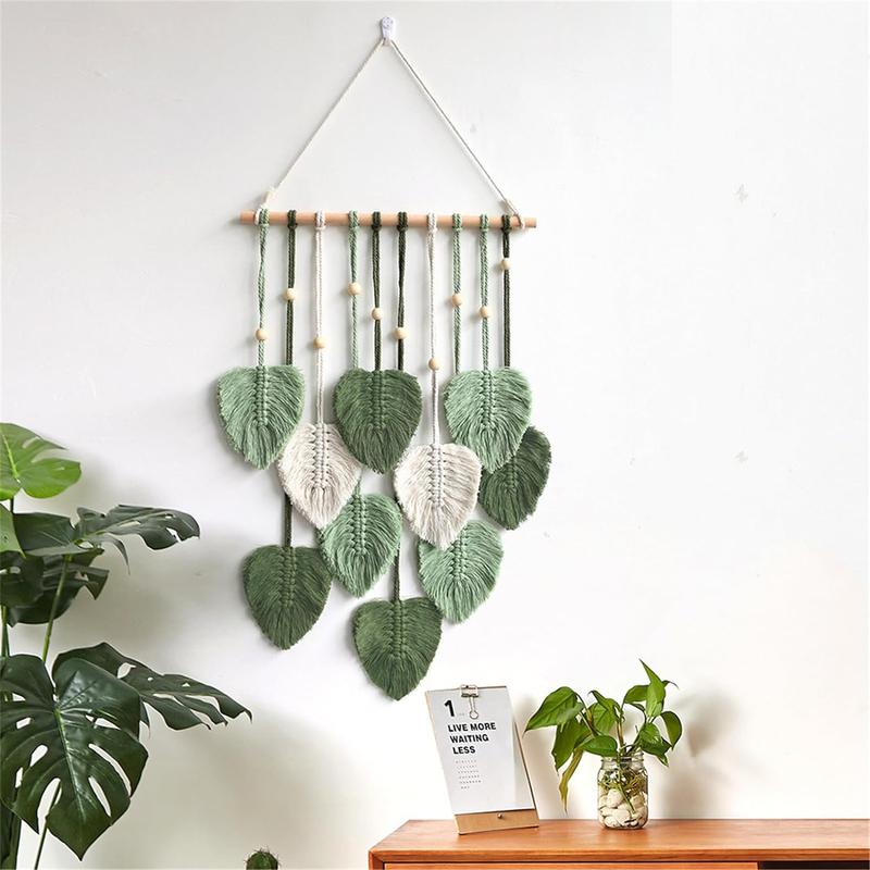 Wall Hanging Decor Leaves Tapestry Boho Wall Decor Woven Feather Handmade Yarn Tassels Woven Wall Art Decorations for Bedroom, Living Room, Apartment Home Backdrop (LightGreen)