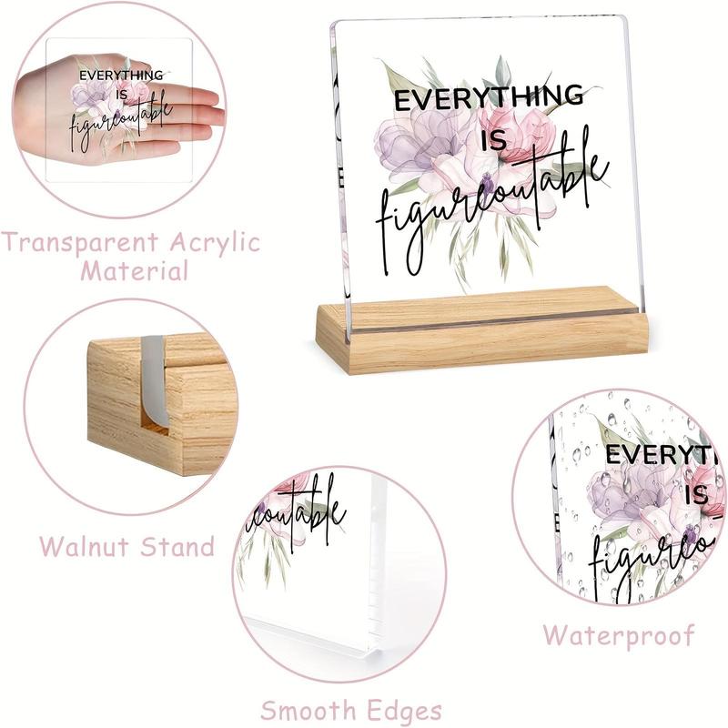 Floral & Letter Pattern Acrylic Plaque, Inspirational Desk Decor with Wooden Base, Motivational Desktop Decoration for Office, Home, School, Gift for Women