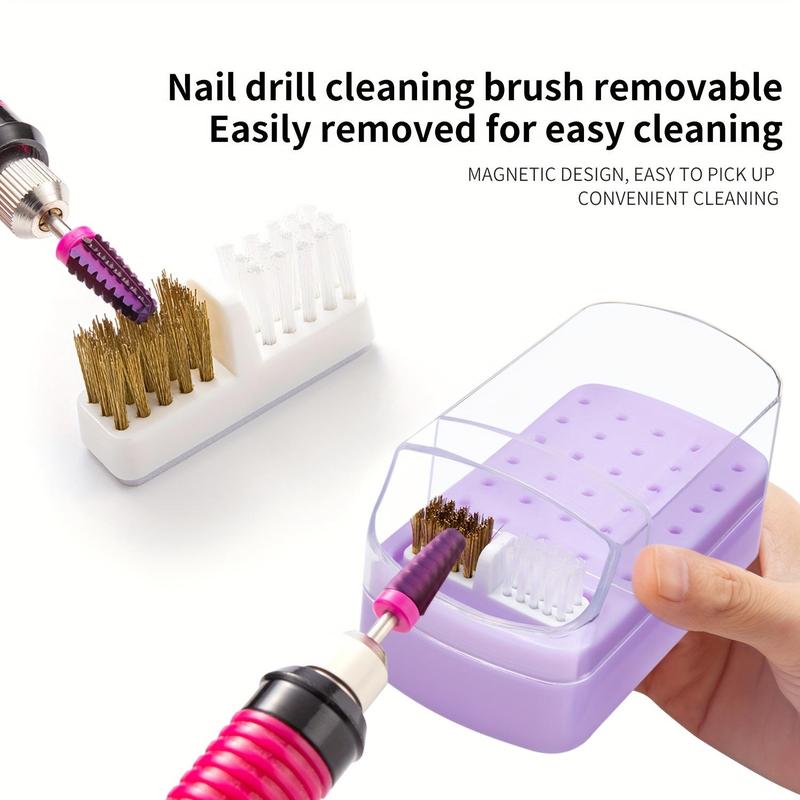 30-slot Nail Drill Bit Holder & Organizer, Dustproof Storage Box with Brush Stand for Nail Care Accessories, Manicure Tool Display Case for Polishing Heads