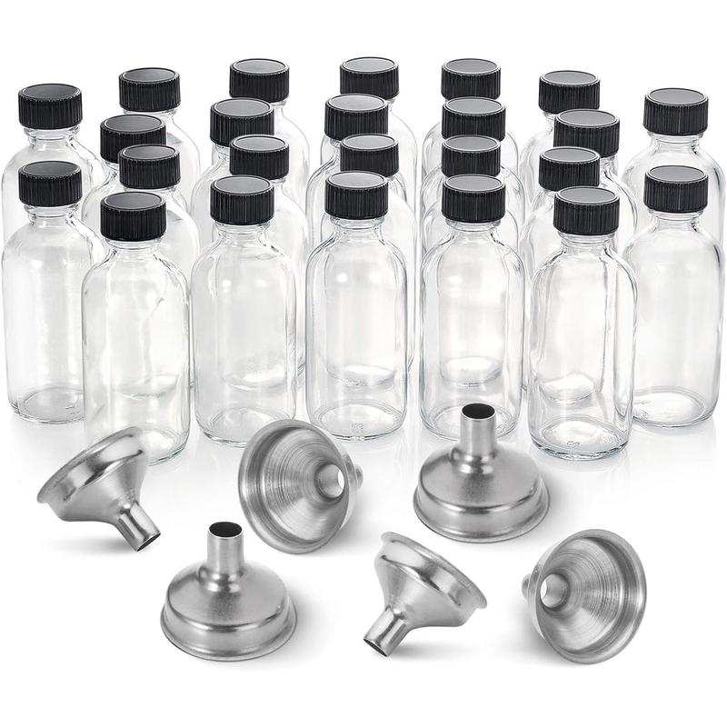 2 oz Small Clear Glass Bottles w  Lid & 6 Stainless Steel Funnels - 60ml Boston Sample Bottles - Mini Travel Essential or Decorative Bottles for Potion, Juice, Wellness, Ginger Shots, Whiskey Container Plastic Round Box Case Pack  Organiser  Organiser