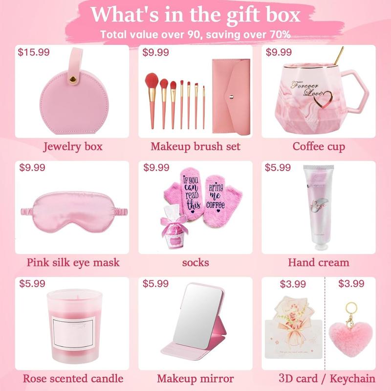 Gifts for Women, 10 Birthday Gifts for Women, Mom, Wife, Girlfriend, Sister, Her, Friends, Colleagues, Christmas, Valentine's Day, Mother's Day Gift Baskets - Pink