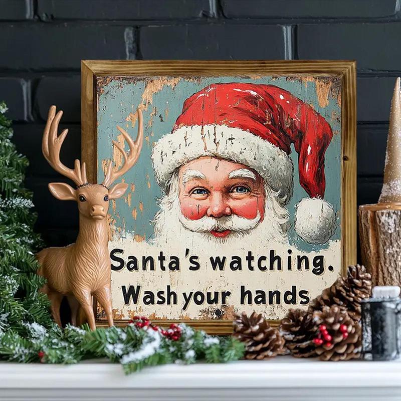 Vintage Santa Claus Pattern Wall Art, Christmas Wooden Frame Wall Decor, Wall Hanging Decor for Home Living Room Bedroom, Home Decor