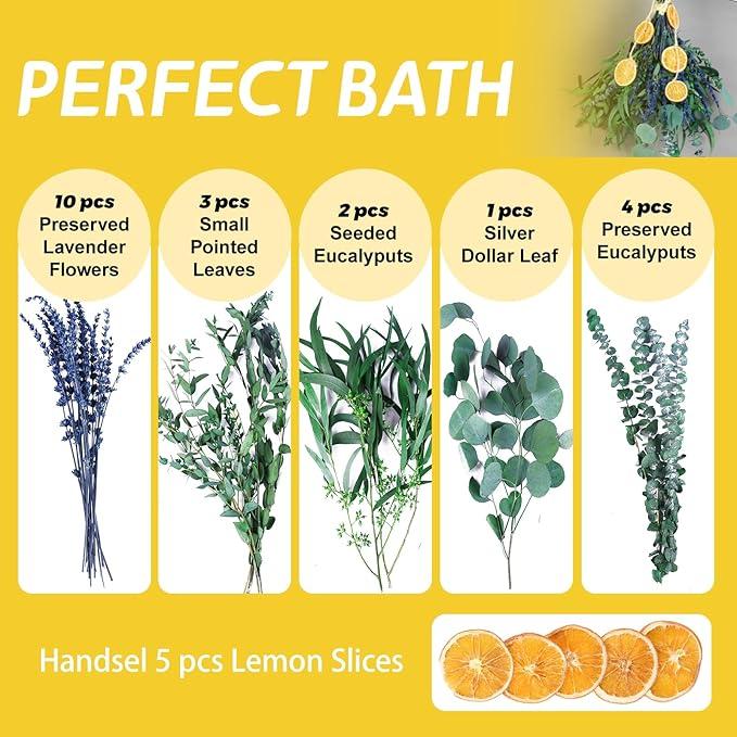 5 Kinds Mix Dried Eucalyptus & Lavender Flowers Bundle for Shower , 15''-17'' Real Fresh Preserved Eucalyptus Leaves and Lemon Hanging Plants, Home Bathroom Decor, Fragrance