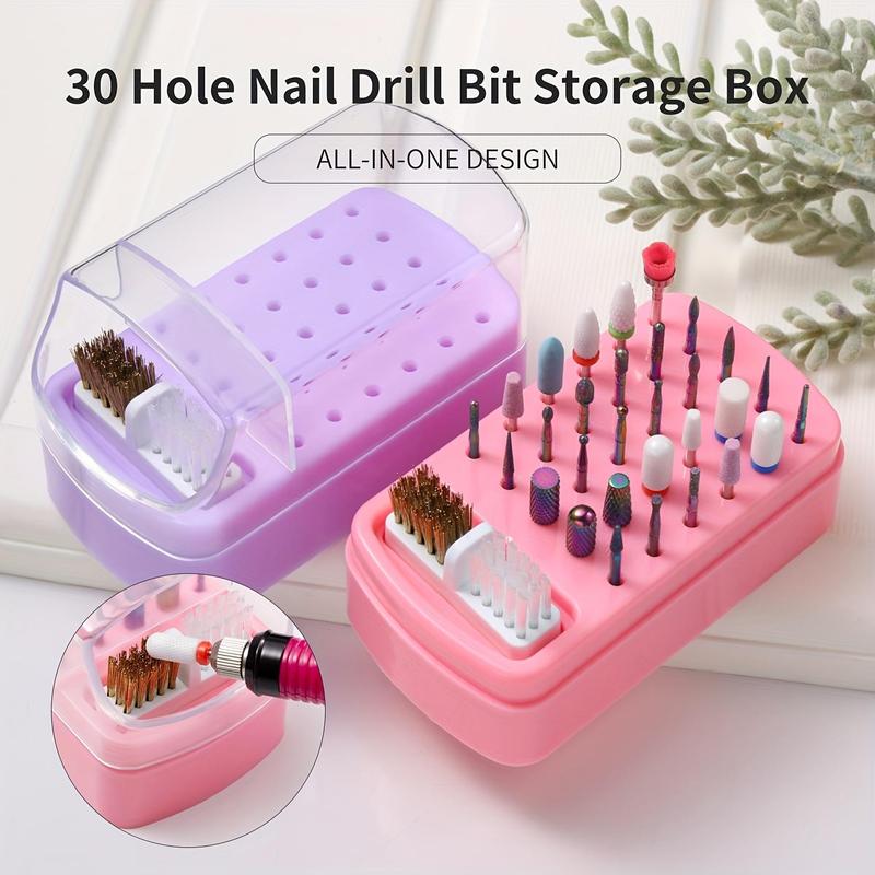 30-slot Nail Drill Bit Holder & Organizer, Dustproof Storage Box with Brush Stand for Nail Care Accessories, Manicure Tool Display Case for Polishing Heads