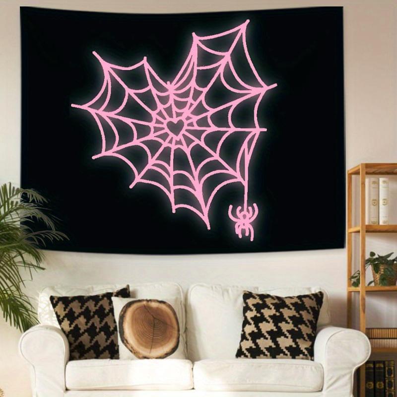 Halloween Decor - Pink spider Web Love Heart Tapestry aesthetic wall hanging decorative tapestry for bedroom, home, office tapestry with gift girl peach velvet material Mount