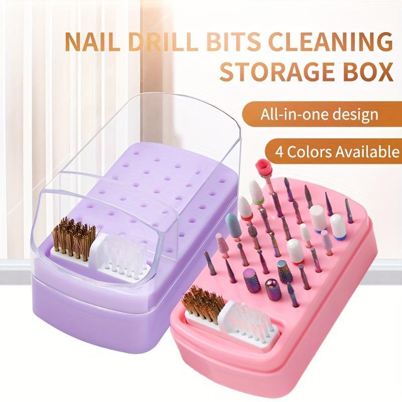 30-slot Nail Drill Bit Holder & Organizer, Dustproof Storage Box with Brush Stand for Nail Care Accessories, Manicure Tool Display Case for Polishing Heads