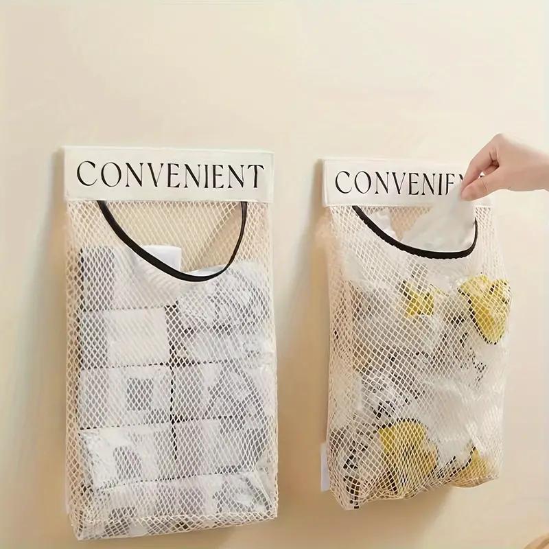 Mesh Hanging Storage Bag, 4 Counts Large Capacity Kitchen Storage Bag, Space Saving Wall Mounted Dispenser for Garbage Bag, Plastic Wrap, Self-sealing Bag