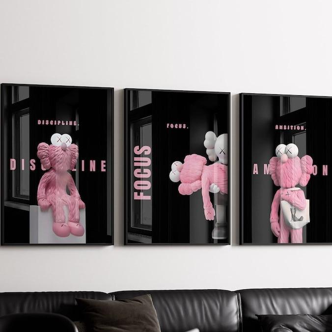 Set of 3 Black and Pink Bear Kaw Poster, Motivational Wall Art Decor Room