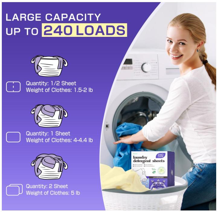 Lavender Laundry Detergent Sheets, 240 Loads - Eco-Friendly, Plant-Based, Hypoallergenic, No Plastic Jug