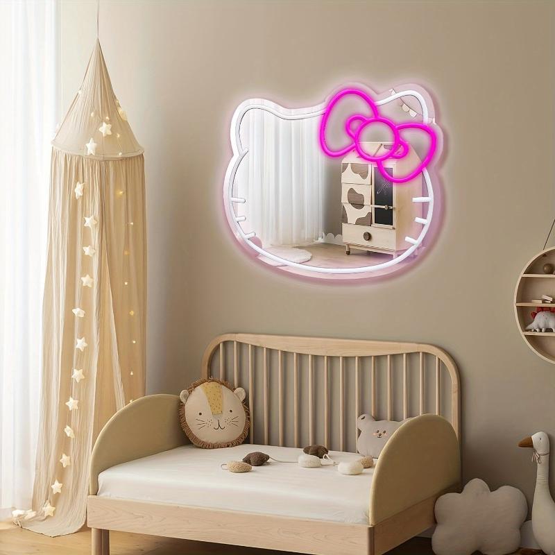 Free wind1 Kitty face Home Decor Mirror Kitty face shape Mirror, Bedroom Wall Mirror, Anime Neon Sign for Dresser, Locker Room,Living Room, Neon Light up Acrylic Mirror with Dimmable