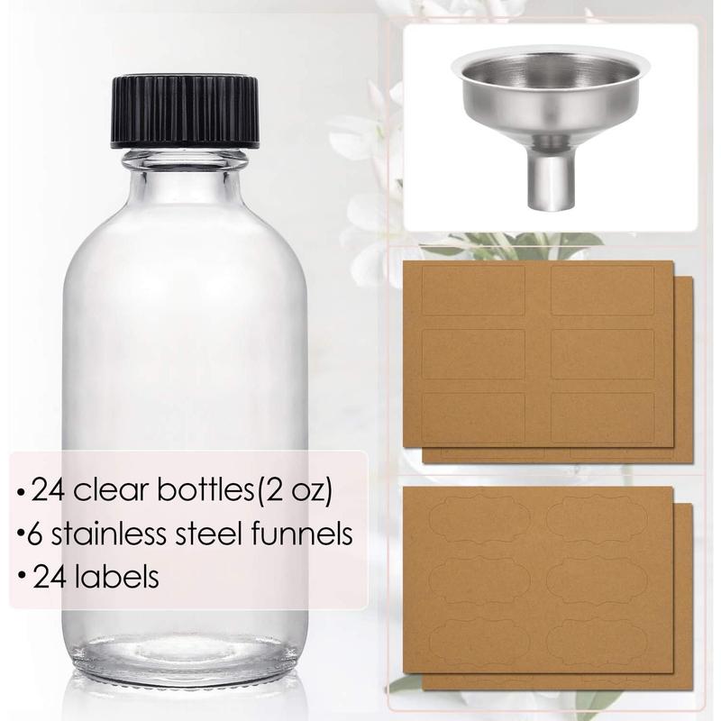 2 oz Small Clear Glass Bottles w  Lid & 6 Stainless Steel Funnels - 60ml Boston Sample Bottles - Mini Travel Essential or Decorative Bottles for Potion, Juice, Wellness, Ginger Shots, Whiskey Container Plastic Round Box Case Pack  Organiser  Organiser