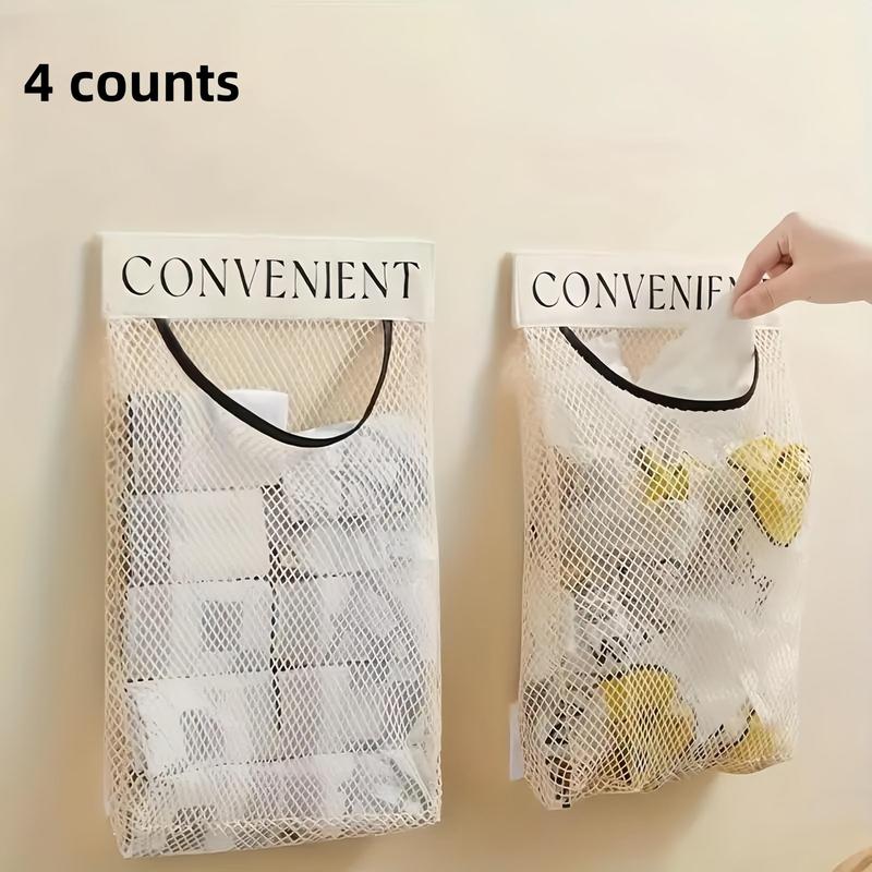 Mesh Hanging Storage Bag, 4 Counts Large Capacity Kitchen Storage Bag, Space Saving Wall Mounted Dispenser for Garbage Bag, Plastic Wrap, Self-sealing Bag