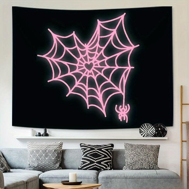 Halloween Decor - Pink spider Web Love Heart Tapestry aesthetic wall hanging decorative tapestry for bedroom, home, office tapestry with gift girl peach velvet material Mount