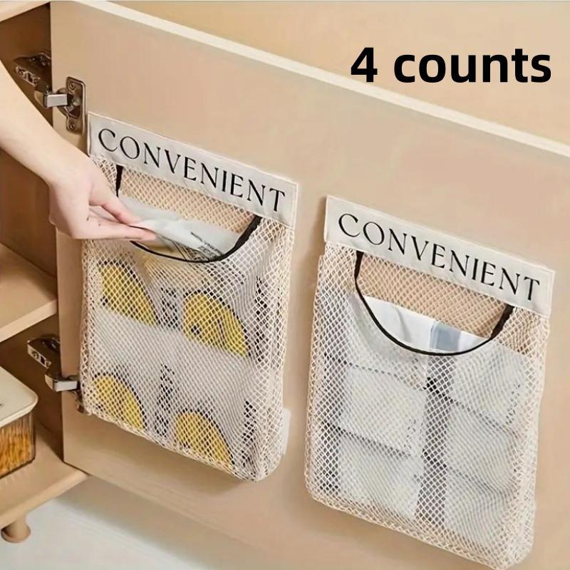 Mesh Hanging Storage Bag, 4 Counts Large Capacity Kitchen Storage Bag, Space Saving Wall Mounted Dispenser for Garbage Bag, Plastic Wrap, Self-sealing Bag