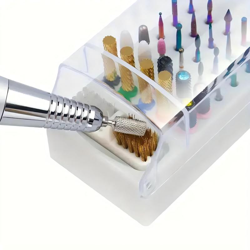 30-slot Nail Drill Bit Holder & Organizer, Dustproof Storage Box with Brush Stand for Nail Care Accessories, Manicure Tool Display Case for Polishing Heads