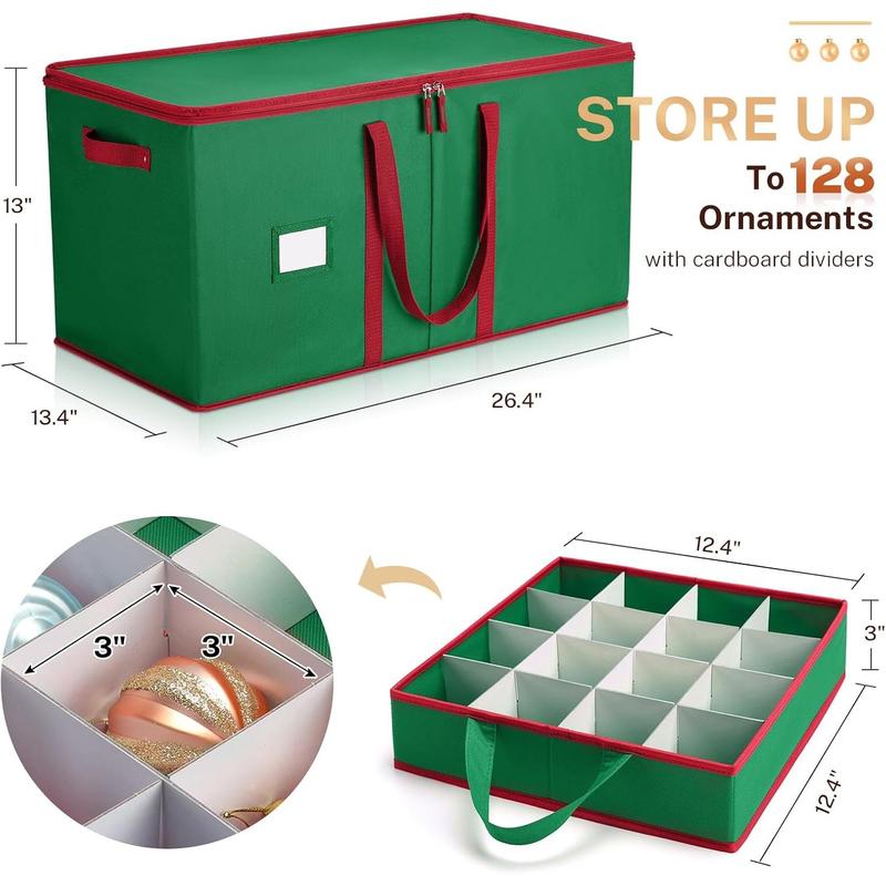 Christmas Ornament Storage Box Holiday Decoration Organizer, Christmas Ball Accessories Holder with Adjustable Dividers, Zippered Closure, 8 Removable Trays, 600D Oxford (GREEN)