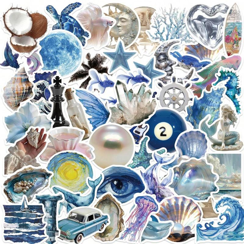 Ocean Themed Sticker, 50pcs pack Creative Waterproof Graffiti Sticker, DIY Decorative Sticker for Phone Case, Computer, Guitar, Bag, Water Cup