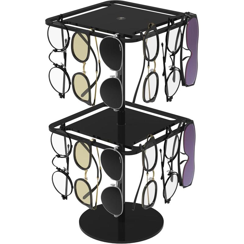 360° Rotating  Sunglasses & Eyeglasses Display Rack - Double-Tier Black Tabletop Organizer for Eyewear