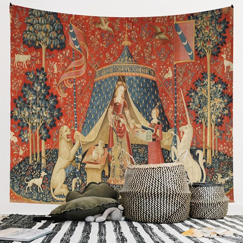 Medieval Lady & Unicorn Tapestry - European Royal-Inspired Wall Hanging For Living Room, Bedroom Decor - Polyester, Indoor Use