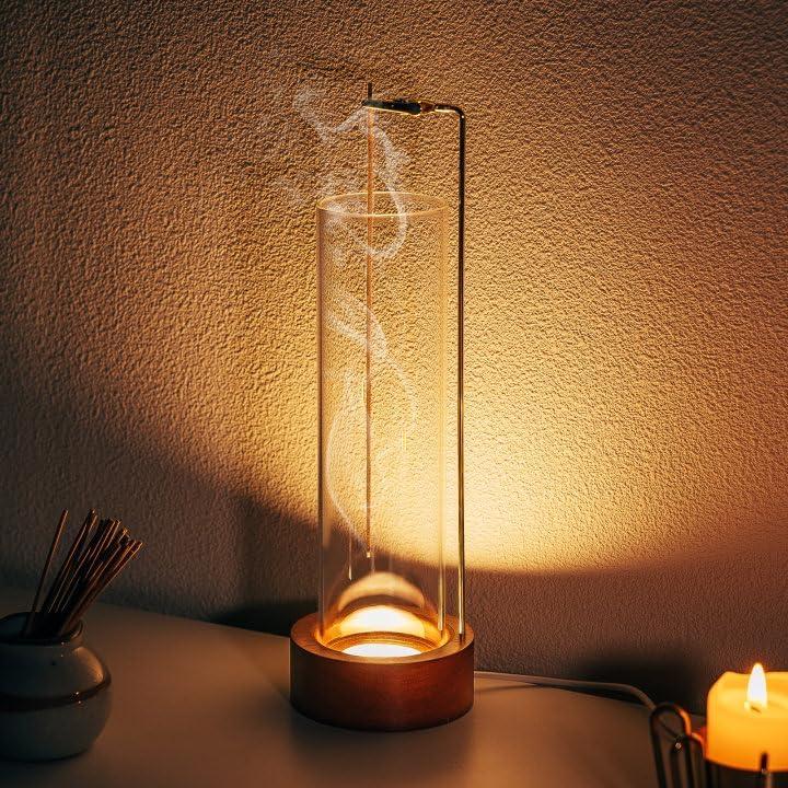 Incense Holder for Sticks, USB Powered Luminous Base, Anti-Ash Flying Incense Burner with 30 Incense Sticks, Detachable Glass Ash Catcher Fragrance Scented Fragrance Scented Fragrance Scented Fragrance  Perfume Aroma Perfume  Freshener Woody Light Light