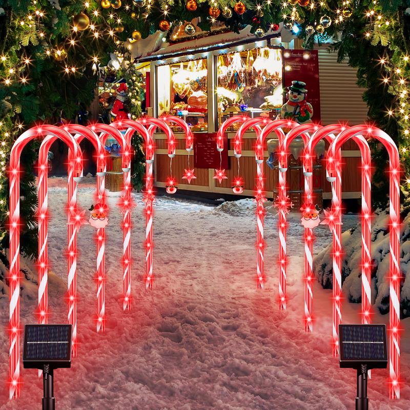 BITPOTT 20 Pack Christmas Solar Candy Cane Lights, 4x4 Solar Panel, 160 Bright Red LEDs, Solar & Plug-in, 8 Modes, IP65 Waterproof, 2024 Christmas Ornaments Outdoor & Indoor Pathway Lights, Garden Yard Decorations