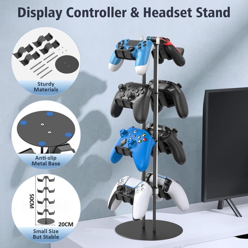 4 Tiers Controller Stand with Cable Organizer, 1 Count Universal Controller Display Stand, Headset Holder & Desk Mounts for 8 Controller