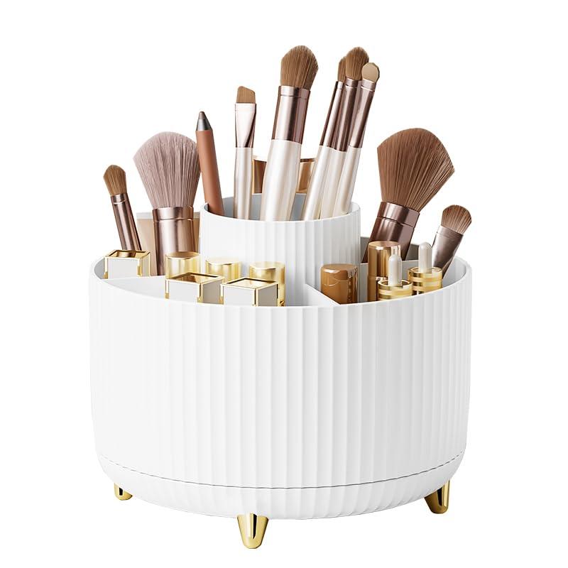 Makeup Brush Holder Organizer,360° Rotating Makeup Brush Organizer,5 Slot Make up Brushes Cup for Cosmetics, Nail Polish - White Boxes Plastic