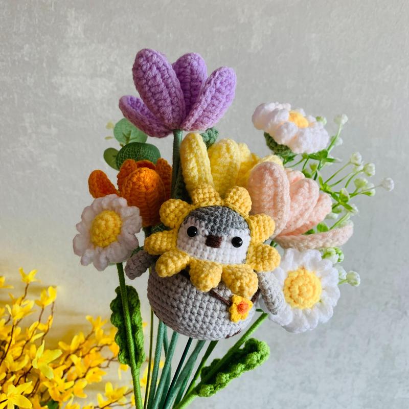 Cute Penguin Design Crochet Flower Bouquet, 1 Count Ramadan Decor Crochet Flower, Spring Decor, Crochet Gift for Anniversary, Birthday, Gift for Mom, Mean Girls Decorations