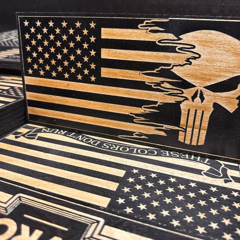 Wood engraved sign American flag with the punisher design Decor Gift