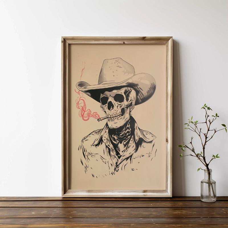 skeleton cowboy print, western decor, day of the dead, bar art, vintage art, eclectic wall art, texas wall art, rustic home decor Poster No Frame Print