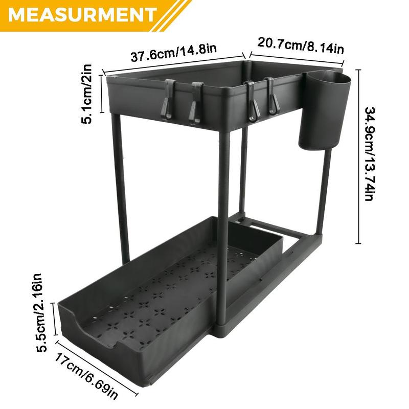 Under Sink Cabinet Basket Organizer, 2 Sets Including Under Sink Shelf Organizer with Hooks & Hanging Cup & Dividers & Handles, Multi-purpose Under Sink Storage Rack