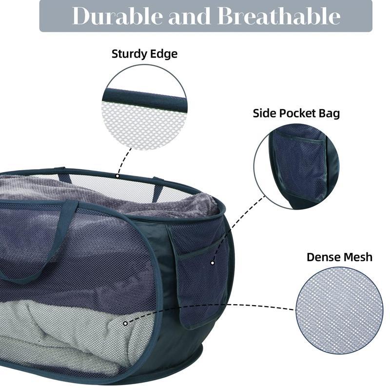 Foldable Laundry Basket, 1 Count Mesh Pop Up Laundry Basket with Side Pocket, Clothes Storage Basket with Reinforced Handle for Laundry, Bathroom, Dormitory