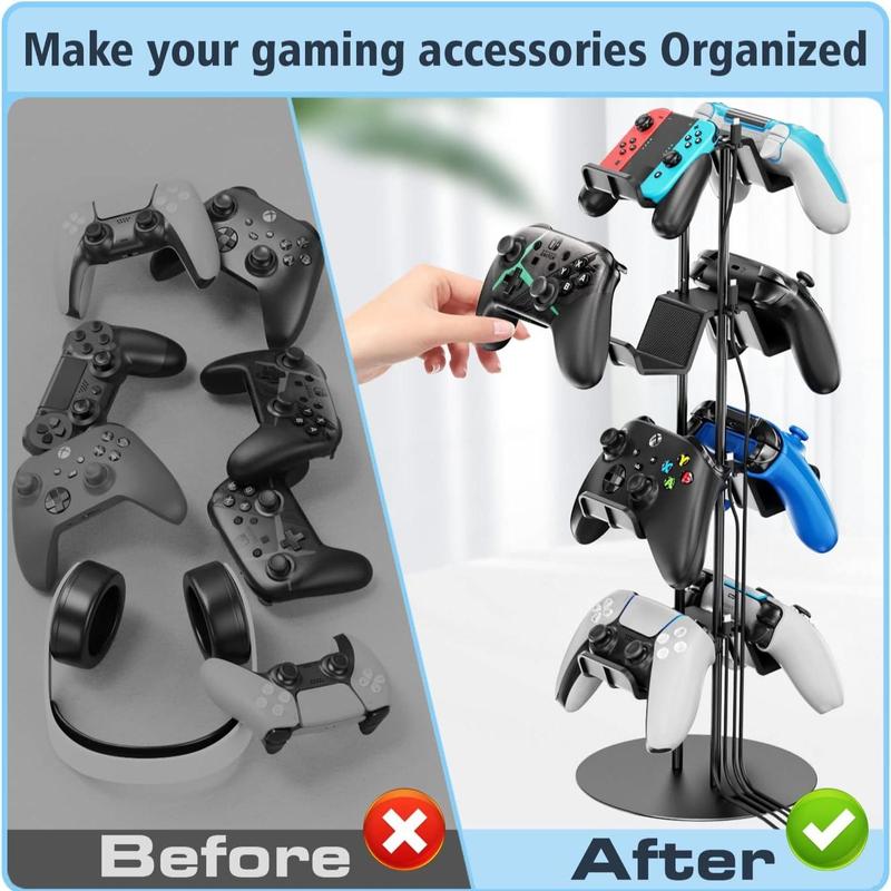 4 Tiers Controller Stand with Cable Organizer, 1 Count Universal Controller Display Stand, Headset Holder & Desk Mounts for 8 Controller