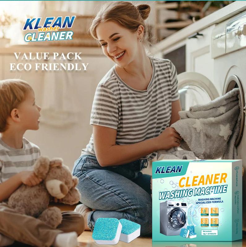 KLEAN Washing Machine Cleaner  Cleaning Tablets For HE Front Loader & Top Load Washer  Septic Safe Eco-Friendly Deodorizer Clean Inside Drum And Laundry Tub Seal - 10 Month Supply 20 Pack Wipes Household Brush