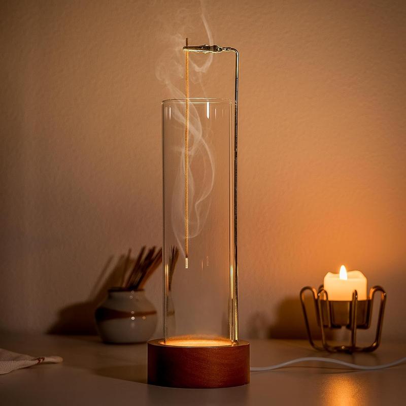 Incense Holder for Sticks, USB Powered Luminous Base, Anti-Ash Flying Incense Burner with 30 Incense Sticks, Detachable Glass Ash Catcher Fragrance Scented Fragrance Scented Fragrance Scented Fragrance  Perfume Aroma Perfume  Freshener Woody Light Light